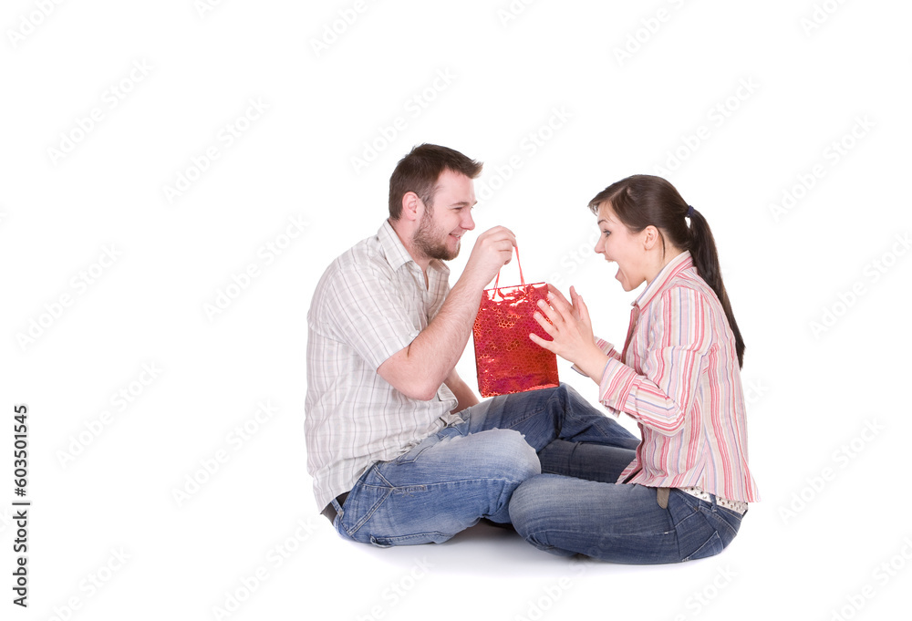 Sticker happy young couple together on white background