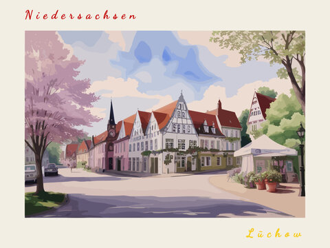 L&uuml;chow: Post card design with Town in Germany and the city name L&uuml;chow