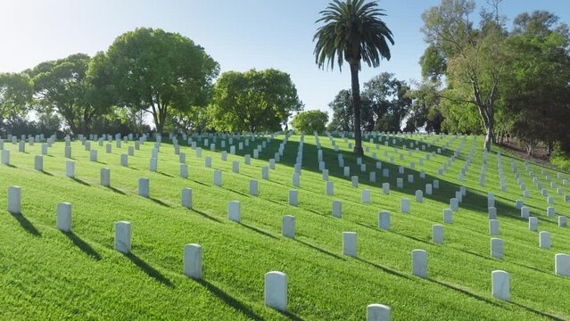 Aerial Los Angeles National Cemetery California USA. Drone flying above scenic green field with straight rows white grave plates on summer day. National cemetery where buried all members armed forces