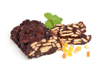 Chocolate Salami with Biscuits, isolated on white background.