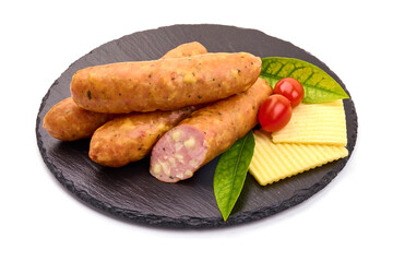 Smoked sausages for grill, isolated on white background. High resolution image.