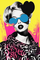 Pop collage Illustration of a beautiful female fashion model with sunglasses over scolorful and vibrant patterns and shapes, Fashion, pop art, Generative AI - obrazy, fototapety, plakaty