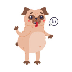 Funny Pug Dog Character with Wrinkly Face Greeting Saying Hi Vector Illustration