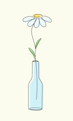Single Chamomile Flower in a Vase. One Line floral doodle illustration. Template for greeting Card, invitation
