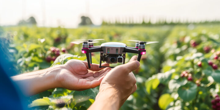 Captivating drone image for precise raspberry pollination in an innovative biotech lab, featuring interconnected data tools and aerial robotics enhancing crop management efficiency. Generative AI