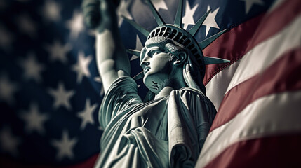 Statue of Liberty with USA flag in the background created with generative AI technology