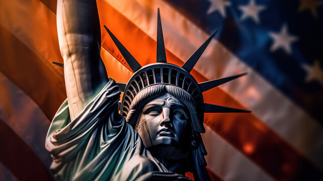 Statue of Liberty with USA flag in the background created with generative AI technology