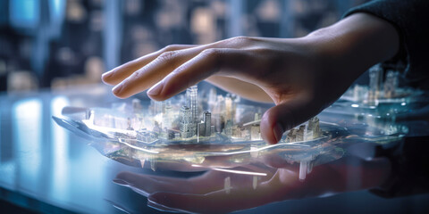 Innovative holographic architecture crafted by hand, depicting eco-friendly futuristic cities in an urban planning studio, emphasizing sustainable solutions and urban transformation. Generative AI