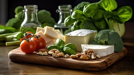 Balanced nutrition concept for clean eating flexitarian mediterranean diet, keto, ketogenic on a wooden kitchen table. Ai Generative.