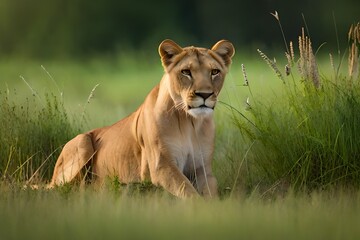 Obraz premium lion in the grass and forests see near the river