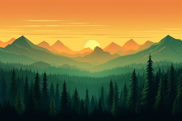 Naklejka na ściany i meble Landscape forest mountains nature adventure travel background - Illustration of valley view of forest fir trees, mountains and sunset, Generative Ai