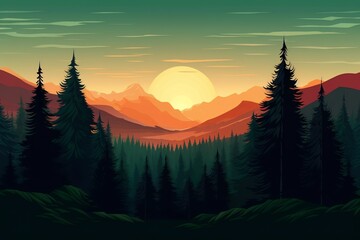 Landscape forest mountains nature adventure travel background - Illustration of valley view of forest fir trees, mountains and sunset, Generative Ai