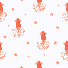 Seamless children's pattern with cute squids. Marine-themed pattern with underwater animals. Texture for fabric, packaging, textiles, clothing. Vector illustration.  © Hanna Bykova
