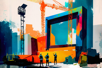 Engaging abstract construction with vivid shapes, dynamic crane lifting blocks, and workers on metallic structure. Vibrant colors depict modern accuracy. Generative AI