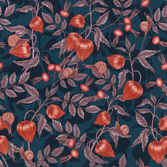 Autumn seamless pattern with physalis flower buds wild rose and snails Luxurious pattern hand-drawn in detail Vintage floral ornament on a blue background printing on fabric wallpaper wrapping paper