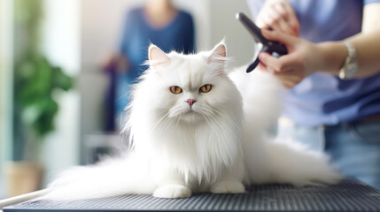 White fluffy cat in the grooming salon. The cat looks into the camera. Hands of pet grooming master. Animal Hygiene and pet care concept. Copy space. Banner. Generative AI