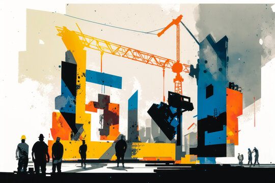 Vibrant abstract image of a geometric construction site with dynamic crane, concrete block, workers on metal framework – showing precision and inspiring confidence. Generative AI