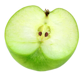 Single cross of green apple. Isolated on white background. Close-up. Studio photography.