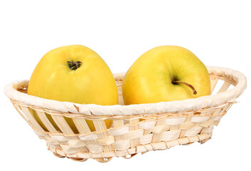 Two  yellow apples in basket. Isolated on white background. Close-up. Studio photography.