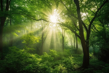Sunlight beams shining through the leaves in the forest, Generative AI