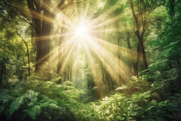 Fototapeta na wymiar Sunlight beams shining through the leaves in the forest, Generative AI