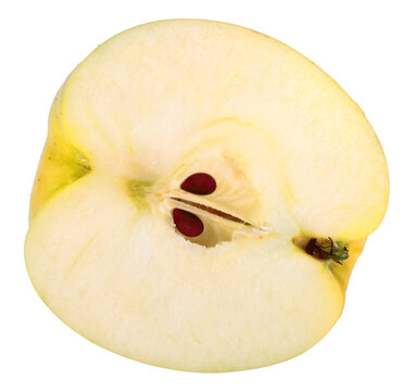 Single cross of yellow apple. Isolated on white background. Close-up. Studio photography.
