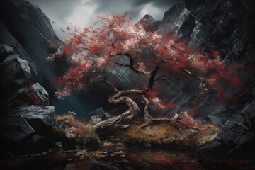 Japanese painting style landscape. Japan traditional culture. illustration created with ai. red and dark style Generative AI