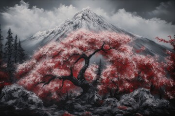 Obraz premium Japanese painting style landscape. Japan traditional culture. illustration created with ai. red and dark style Generative AI
