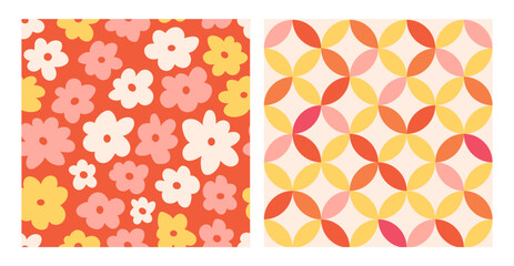 Fototapeta na wymiar Groovy summer retro pattern set floral, retro. 