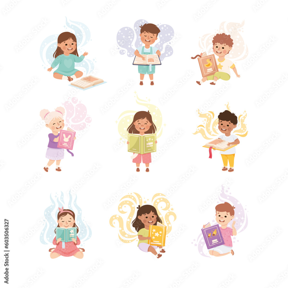 Sticker Cute Children Reading Open Books and Dreaming Vector Set