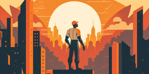 Captivating image of a relaxed construction worker on a beam above city skyline at sunset, showcasing skill and bravery. Warm golden hues evoke awe and admiration. Generative AI