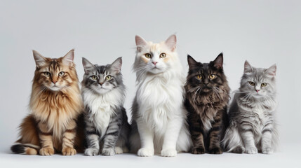 A group of adorable calm fluffy cats different colors looks into the camera. Cats on an grey background. Funny pets. Banner. Generative AI