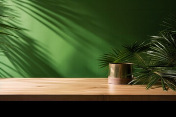 Empty wooden table with palm leaf and shadow on green wall background, Generative AI