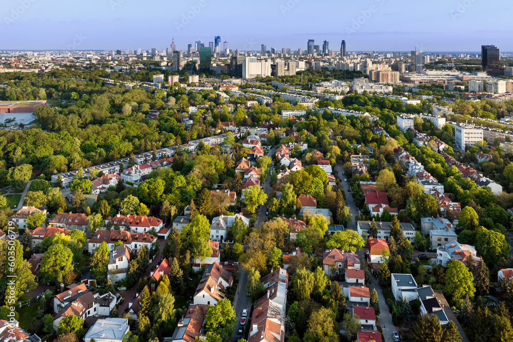 Wall mural aerial view of warsaw city center during sunset