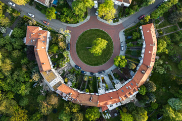Top drone view of circle housing