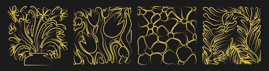 Aesthetics of Matisse's curves. Groovy abstract postcards with patterns. Flower drawings, botanical art. Fashionable organic style of naive retro hippies of the 60-70's. Mother's Day vector background