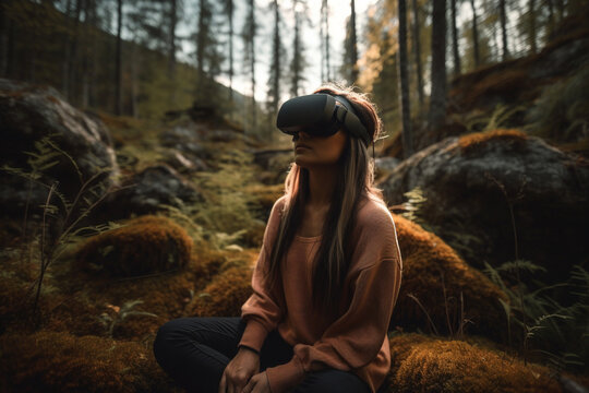Woman wearing VR glasses outside in the forest. Virtual reality concept created with generative ai tools