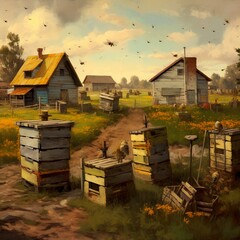 bee hives in the countryside bee farm  with Generative AI