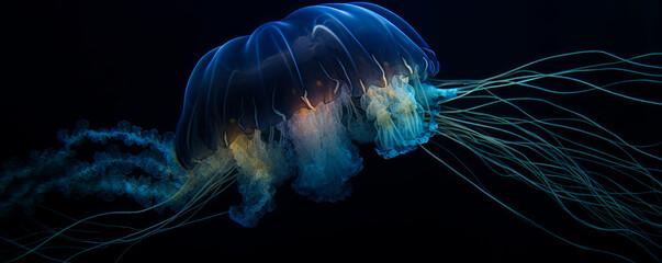 Captivating close-up of a delicate, luminescent jellyfish floating in deep blue waters, showcasing its translucent body and long tentacles, evoking a sense of wonder and tranquility. Generative AI
