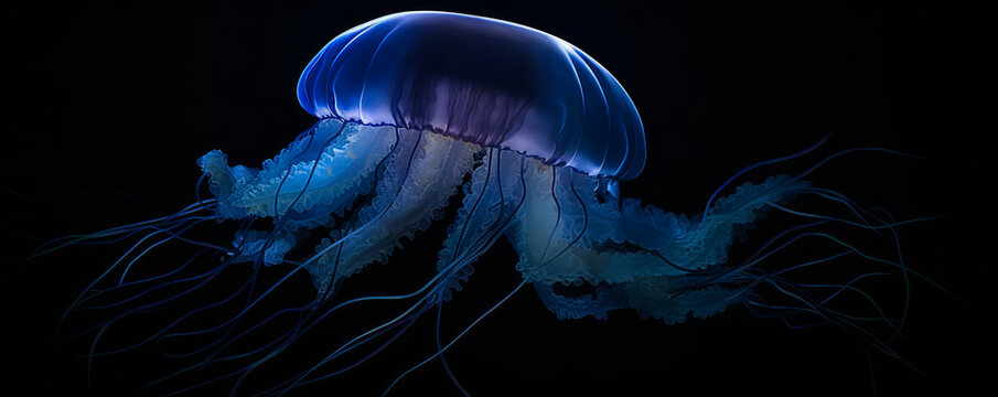 Captivating close-up image of a delicate, luminescent jellyfish floating underwater with its translucent body and long tentacles showcased against a deep blue backdrop. Generative AI