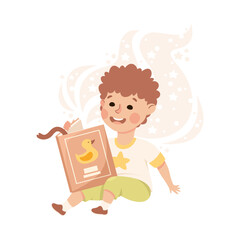 Cute Boy Sitting Reading Open Book and Dreaming Vector Illustration