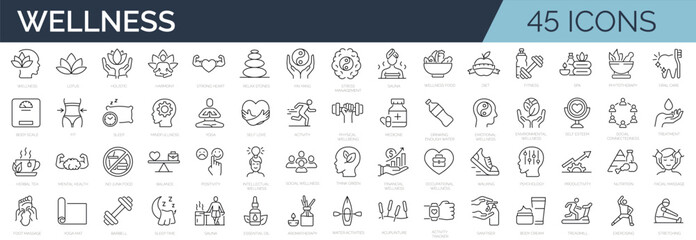 Set of 45 line icons related to wellness, wellbeing, mental health, healthcare, cosmetics, spa, medical. Outline icon collection. Editable stroke. Vector illustration - obrazy, fototapety, plakaty