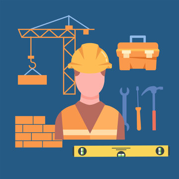 Engineer in construction hat. Man in uniform stands in front of crane with bricks and toolbox. Urban architecture and construction. Worker with tools. Cartoon flat vector illustration