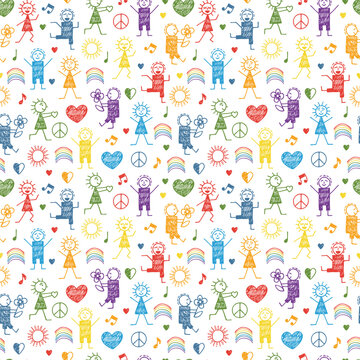 Seamless pattern with World Peace Day Symbols. International Holiday. Hand drawn doodle People, Peace, Love and Music Signs in Children drawing style - Vector Illustration