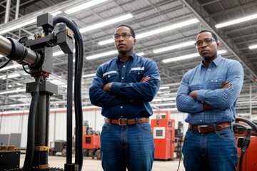 Fototapeta na wymiar Portrait of an African American engineers standing with his arms crossed, inspecting and controlling an automated welding robot. The robotic arm in the automotive factory is smart. Generative AI