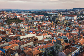 Aerial view from bell tower of Clerigos Church in Porto in Portugal, with Se Cathedral
