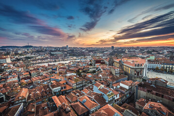 Fototapeta na wymiar Sunset seen from bell tower of Clerigos Church in Porto city, Portugal