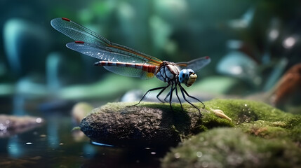 Dragonfly in Flight: Macro Close-up Near Water, Generative AI Technology