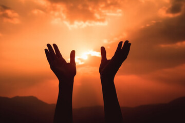 Human hands open palm up worship with faith in religion and belief in God on blessing background