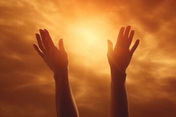 Human hands open palm up worship with faith in religion and belief in God on blessing background